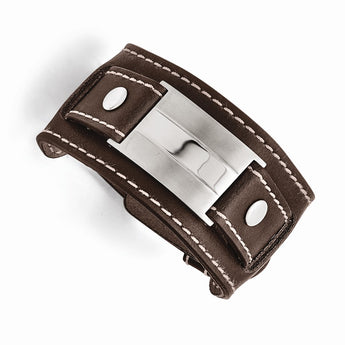 Stainless Steel Brown Leather Brushed/Polished Buckle Bracelet