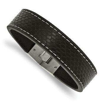Stainless Steel Polished Black Leather Bracelet