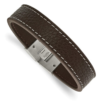 Stainless Steel Polished Brown Leather Bracelet