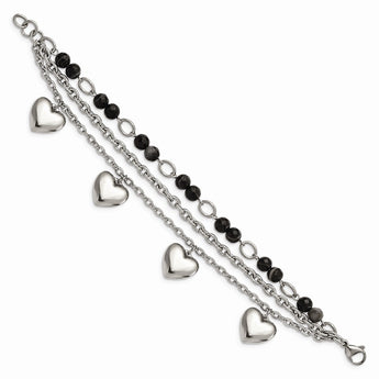 Stainless Steel Polished w/Black & White Agate with Hearts Bracelet