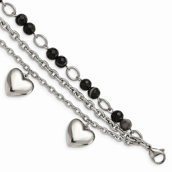 Stainless Steel Polished w/Black & White Agate with Hearts Bracelet