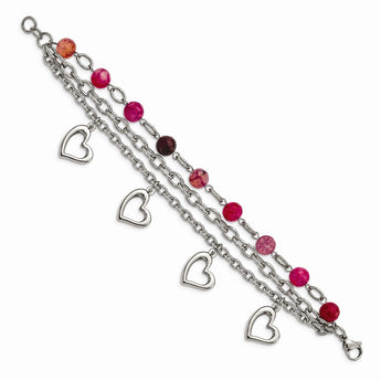 Stainless Steel Pink Agate w/Hearts Bracelet
