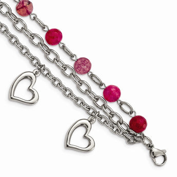 Stainless Steel Pink Agate w/Hearts Bracelet