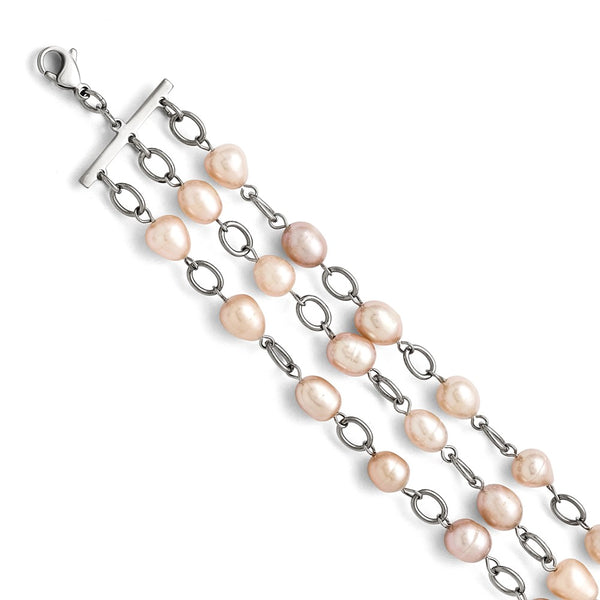 Stainless Steel Polished Pink Fresh Water Cultured Pearl Bracelet