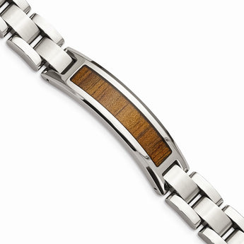 Stainless Steel Polished/Brushed Wood Inlay Enameled Bracelet