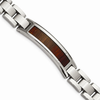 Stainless Steel Polished/Brushed Red/Orange Wood Inlay Enameled Bracelet