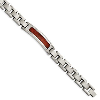 Stainless Steel Polished/Brushed Red Wood Inlay Enameled Bracelet