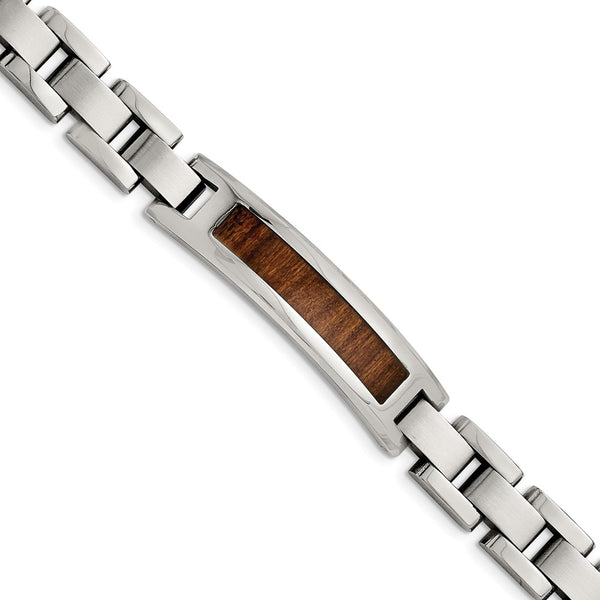 Stainless Steel Polished/Brushed Brown Wood Enameled Bracelet