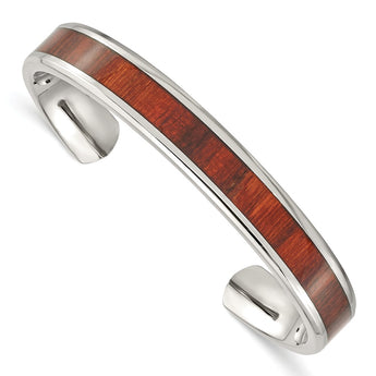 Stainless Steel Polished Red Wood Inlay Bangle