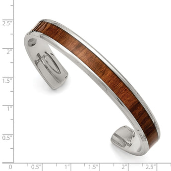 Stainless Steel Polished Brown Wood Inlay Enameled Bangle