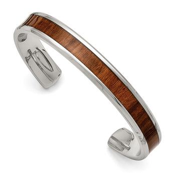 Stainless Steel Polished Brown Wood Inlay Enameled Bangle