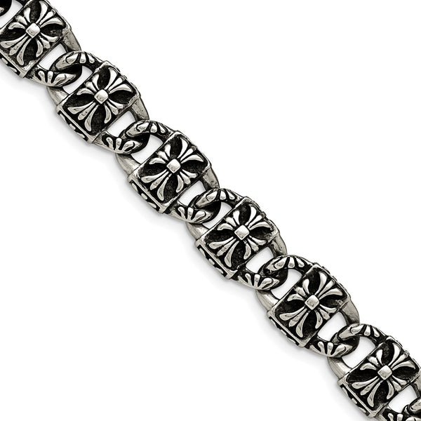 Stainless Steel Polished and Antiqued Cross Bracelet