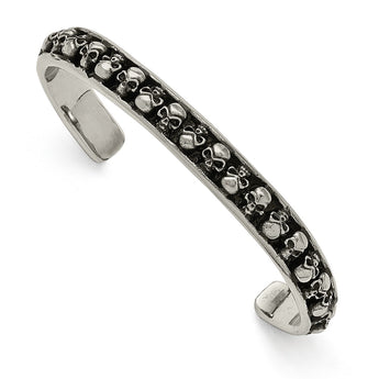 Stainless Steel Polished/Antiqued Skull Cuff Bangle