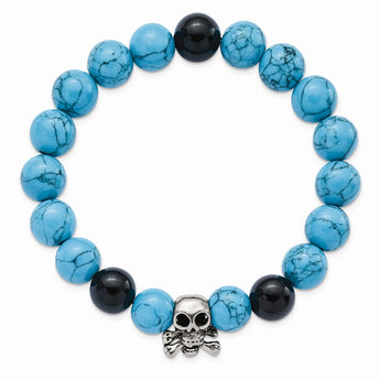 Stainless Steel Antiqued Skull w/Turquoise and Black Onyx Bracelet