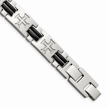 Stainless Steel Polished Black Rubber Cross Adjustable Bracelet