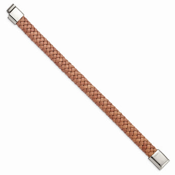 Stainless Steel Polished Woven Brown Leather Bracelet