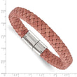 Stainless Steel Polished Woven Brown Leather Bracelet