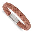 Stainless Steel Polished Woven Brown Leather Bracelet