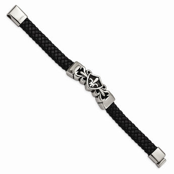 Stainless Steel Antiqued & Polished Fleur de Lis Black Leather Bracelet