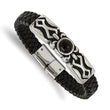 Stainless Steel Antiqued & Polished w/ Blk Onyx Leather Bracelet