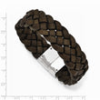 Stainless Steel Polished Woven Brown Leather Bracelet