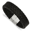 Stainless Steel Polished Woven Black Leather Bracelet
