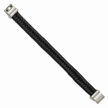 Stainless Steel Brushed Black Leather Bracelet