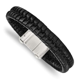 Stainless Steel Brushed Black Leather Bracelet