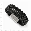 Stainless Steel Polished Black Leather Bracelet