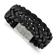 Stainless Steel Polished Black Leather Bracelet