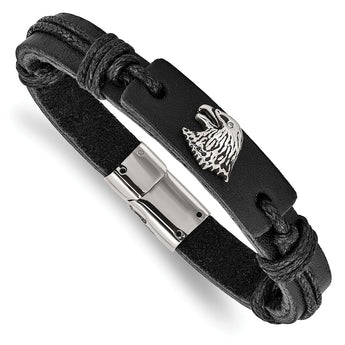 Stainless Steel Polished Antiqued Eagle Head Black Leather Bracelet