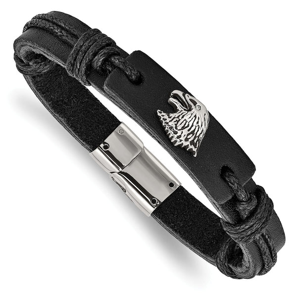 Stainless Steel Polished Antiqued Eagle Head Black Leather Bracelet