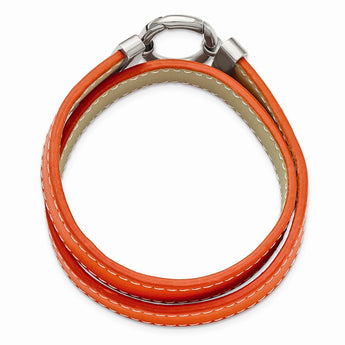 Stainless Steel Polished Orange Leather Wrap Bracelet