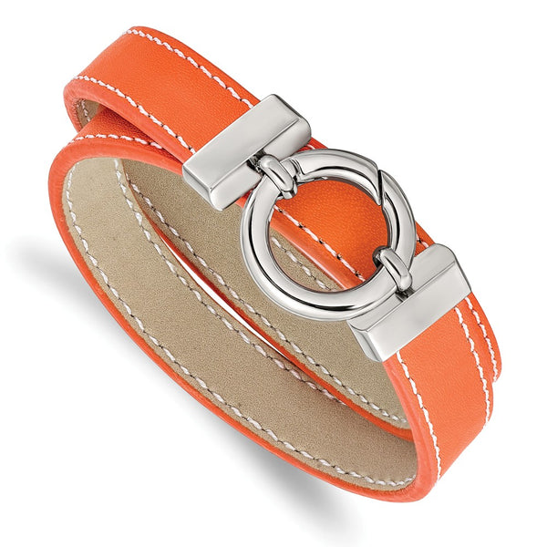 Stainless Steel Polished Orange Leather Wrap Bracelet