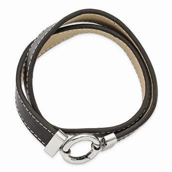 Stainless Steel Polished Black Leather Wrap Bracelet