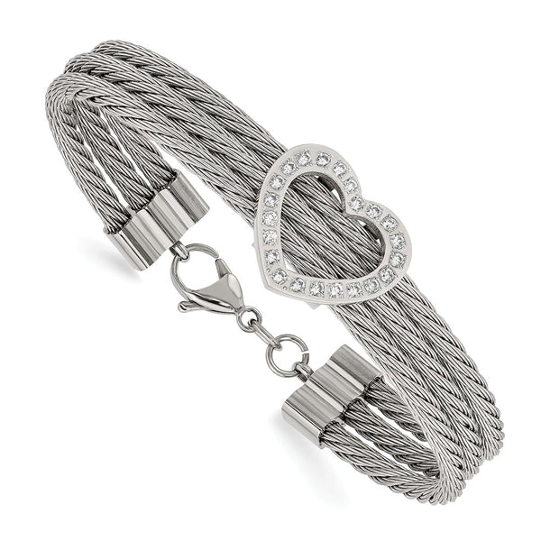Stainless Steel Polished Heart w/ CZ Bracelet