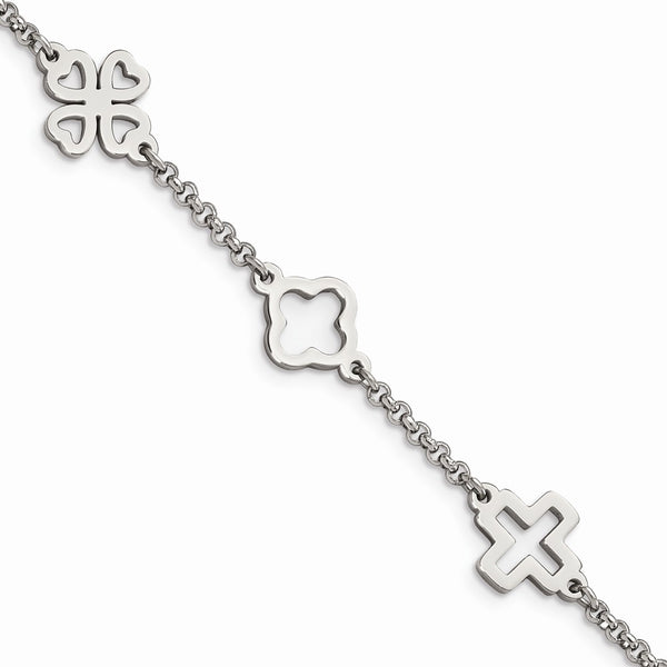 Stainless Steel Cross & Clovers Bracelet