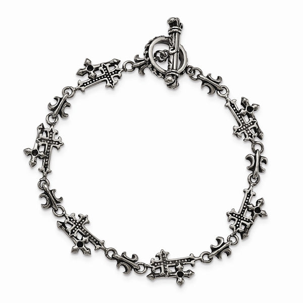 Stainless Steel Antiqued and Polished Cross Bracelet