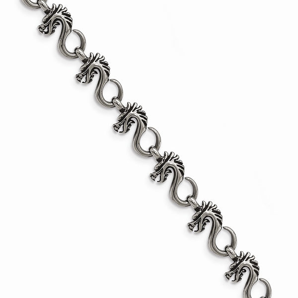 Stainless Steel Antiqued and Polished Dragon 7.5in Bracelet