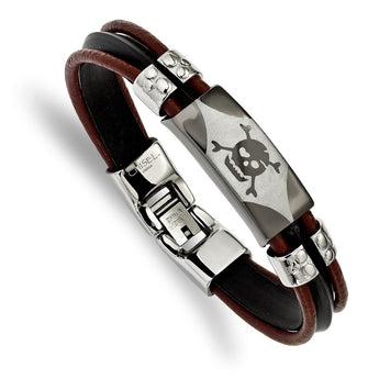 Stainless Steel Polished Skull faux Leather &Silocone Cord Brace