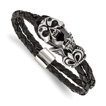 Stainless Steel Antiqued and Polished w/ Glass Leather Bracelet