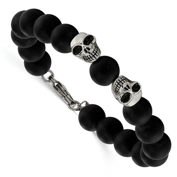 Stainless Steel Polished and Antiqued w/ Black Onyx Skull Bracelet 1 inch