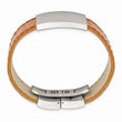 Stainless Steel Satin Textured Light Brown Leather 8in ID Bracelet