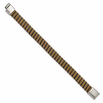 Stainless Steel Brushed Light Brown Suede Black Leather Bracelet