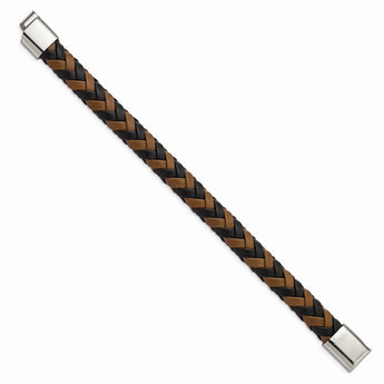 Stainless Steel Polished Black and Brown Leather 8.5in Bracelet