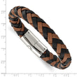 Stainless Steel Polished Black and Brown Leather 8.5in Bracelet