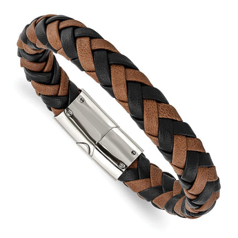 Stainless Steel Polished Black and Brown Leather 8.5in Bracelet