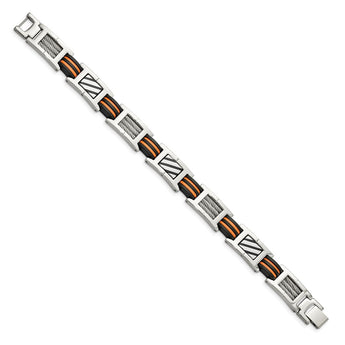 Stainless Steel Cable Accent Black and Orange Rubber 8.5in Bracelet