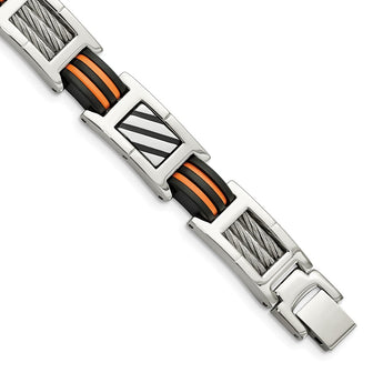 Stainless Steel Cable Accent Black and Orange Rubber 8.5in Bracelet