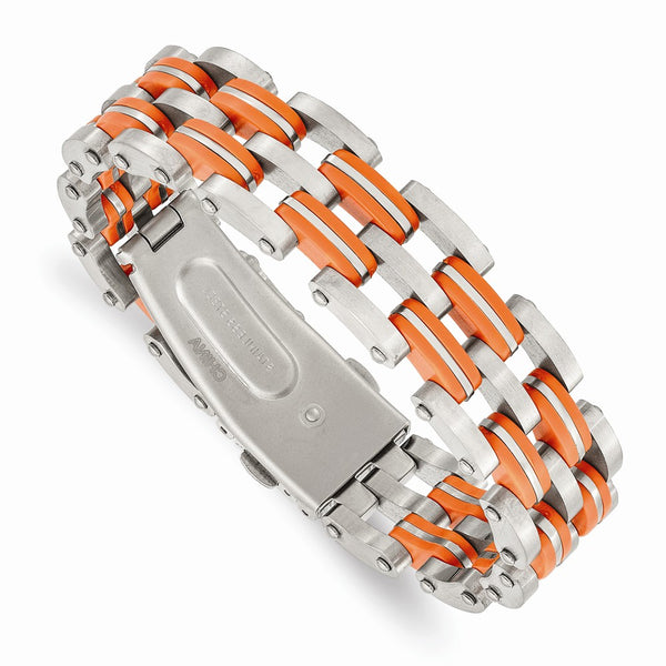 Stainless Steel Orange Rubber 8in Bracelet